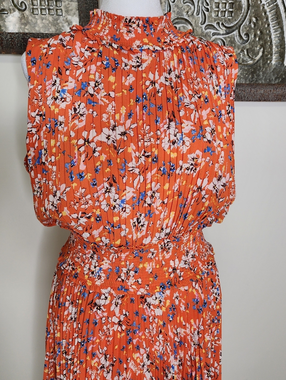 Nanette Lapore Orange Floral Pleated Sleeveless Drop Waist Midi Dress Sz12 Party - Picture 6 of 14
